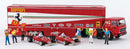 Brekina HO 58575 Fiat Semi Tractor with Racing Trailer, 2 Ferrari 312T2 & 6 Figures, Assembled, Ferrari Racing (red, white, Italian Lettering)