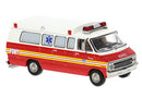 PREORDER Brekina HO 18301 1970s Dodge Ambulance, Assembled, New York Fire Department FDNY (red, white, yellow)