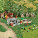 Busch HO 1835 Garden Details Set, Unpainted, 5 Gnomes, 6 Water Cans, 6 Woodpiles, 16 Pavers, Small Animals, To