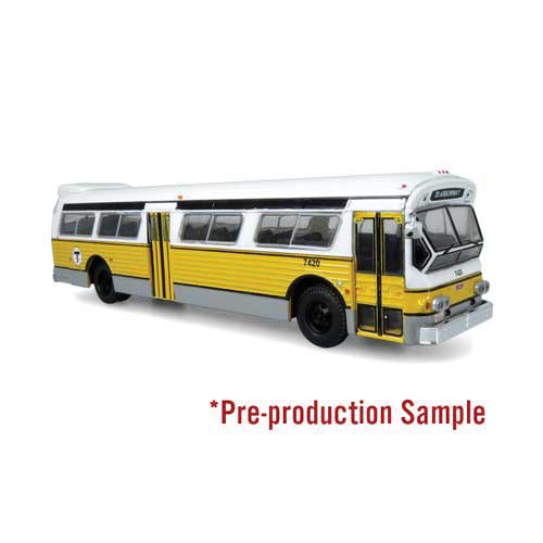 Iconic Replicas 870453 1980 GM Flxible 53102 (Fishbowl) Bus - Assembled -- MBTA Boston (white, yellow, silver, 39 Arborway), HO Scale