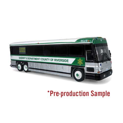 Iconic Replicas 870482 MCI D4000 Coach - Assembled -- Riverside County Sheriff (white, silver, green), HO Scale