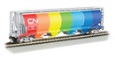 Bachmann Trains HO 19133 Canadian Cylindrical 4-Bay Grain Hopper, Silver Series, Canadian National (Demonstrator; Rainbow Colors on Side A, Gray on Side B)
