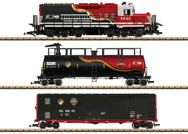 LGB 29911  First Responder Train-Only Set w/Squirting Tank Car - Sound and DCC -- Norfolk Southern Diesel & 2 Cars (black, red, white, gold), G Scale