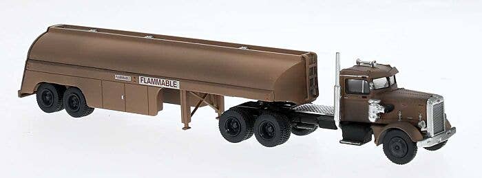 Brekina HO 85764 1955 Peterbilt 281 Semi Tractor with Tank Trailer, Assembled, Painted, Data Only (Weathered, brown, rust)