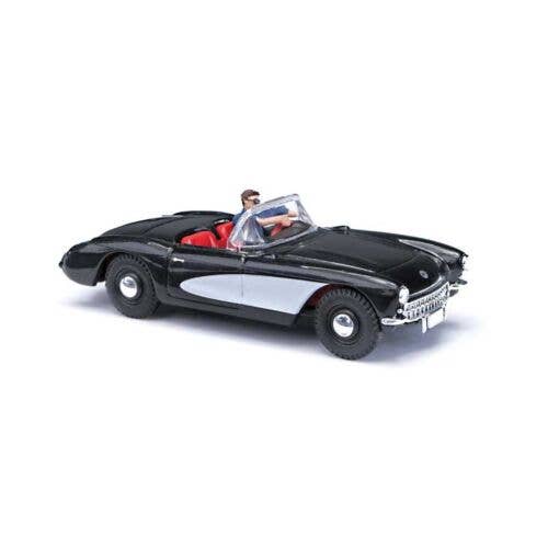 Busch HO 45435 1956 Chevrolet Corvette Convertible, Assembled, Top Down (black, white with Driver)