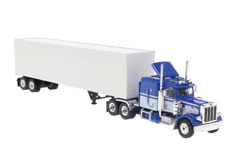 Brekina HO 85716 1973 Peterbilt 359 Sleeper Cab Tractor with Van Trailer, White