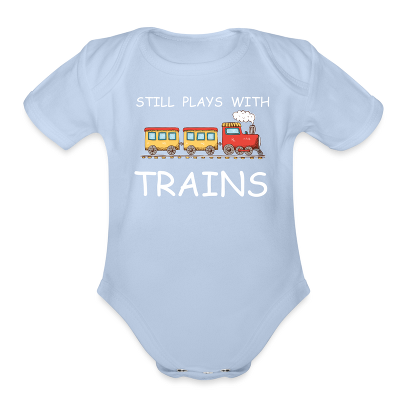 Still Plays With Trains - Organic Short Sleeve Baby Bodysuit Onesie - sky