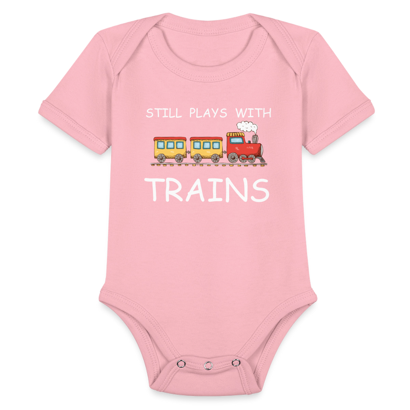 Still Plays With Trains - Organic Short Sleeve Baby Bodysuit Onesie - light pink