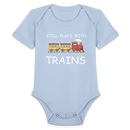 Still Plays With Trains - Organic Short Sleeve Baby Bodysuit Onesie - sky