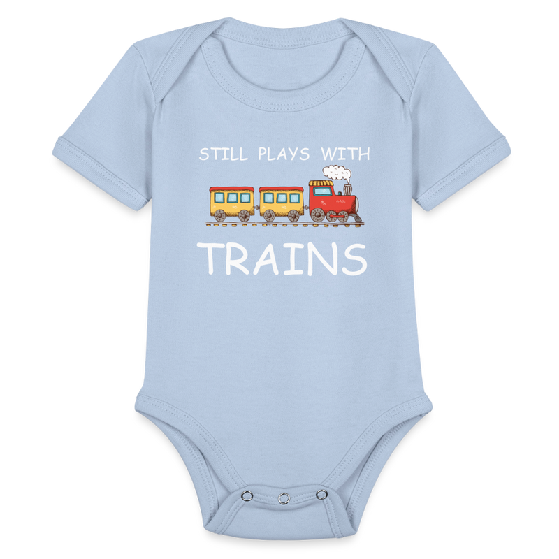 Still Plays With Trains - Organic Short Sleeve Baby Bodysuit Onesie - sky