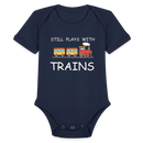 Still Plays With Trains - Organic Short Sleeve Baby Bodysuit Onesie - dark navy
