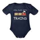 Still Plays With Trains - Organic Short Sleeve Baby Bodysuit Onesie - dark navy