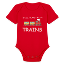 Still Plays With Trains - Organic Short Sleeve Baby Bodysuit Onesie - red