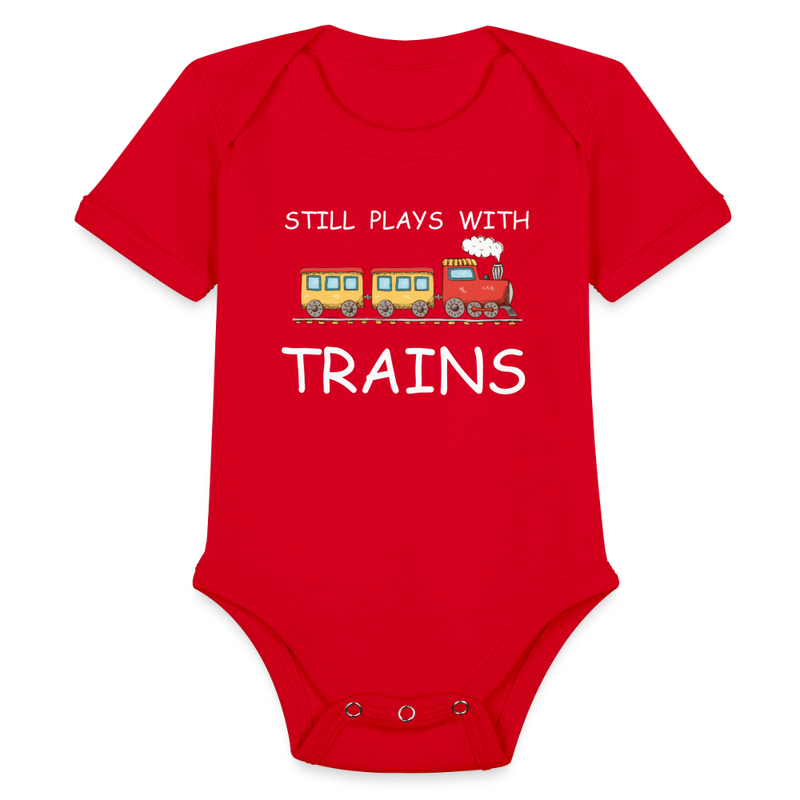 Still Plays With Trains - Organic Short Sleeve Baby Bodysuit Onesie - red