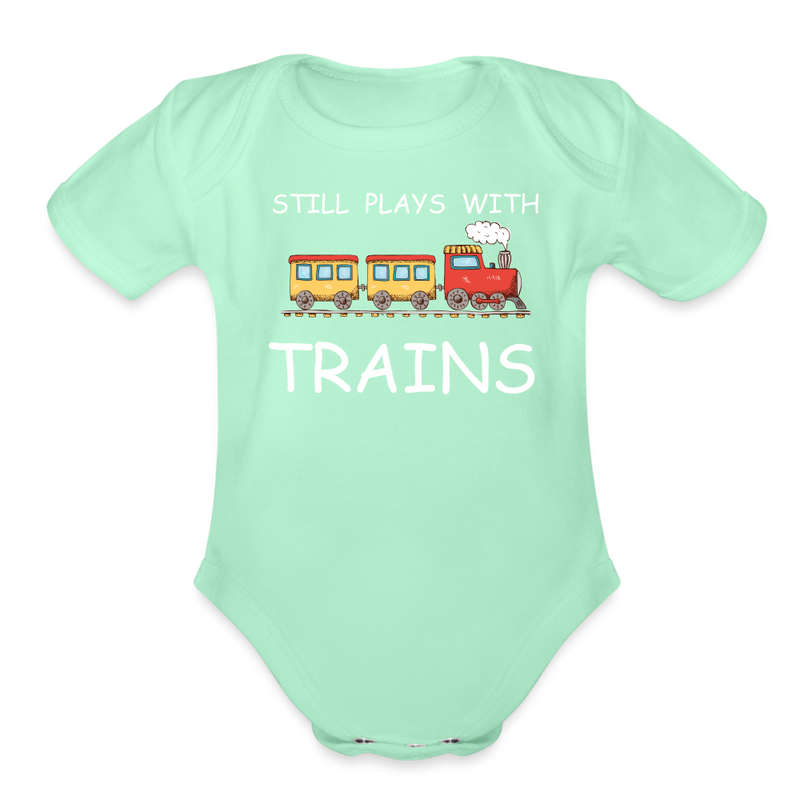 Still Plays With Trains - Organic Short Sleeve Baby Bodysuit Onesie - light mint