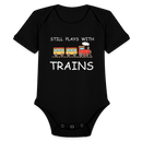 Still Plays With Trains - Organic Short Sleeve Baby Bodysuit Onesie - black