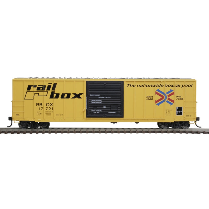 Atlas 20006216 FMC 5077 Single-Door Boxcar - Ready to Run -- Railbox 17721 (yellow, black), HO Scale