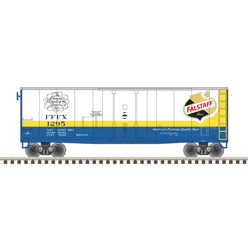 PREORDER Atlas 2001141 40' Plug-Door Boxcar - 3-Rail - Ready to Run -- Falstaff (white, blue, yellow), O