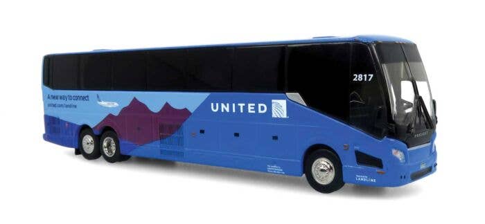 Iconic Replicas HO 870382 2022 Prevost H3-45 Coach, Assembled, United Airlines (blue, black)