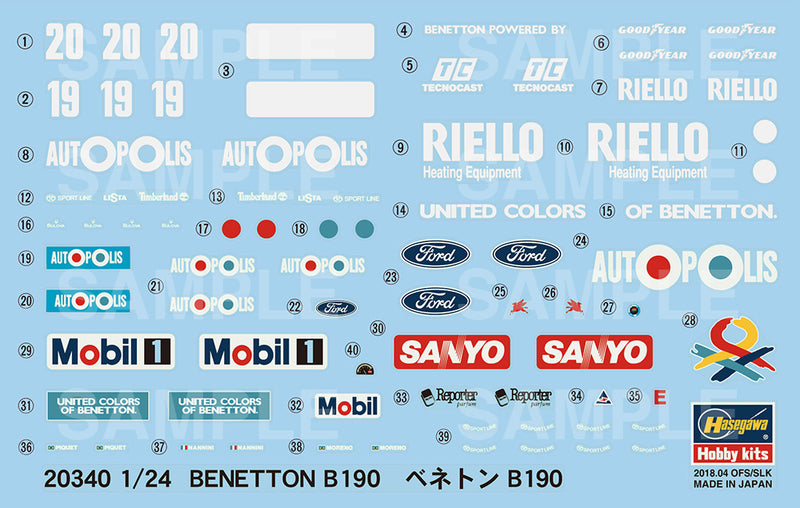 Hasegawa Models 20340 Benetton B190 1:24 SCALE MODEL KIT