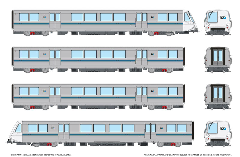 PREORDER Rapido HO 204005 BART A-B-B-A Car Transit Set, Bay Area Rapid Transit