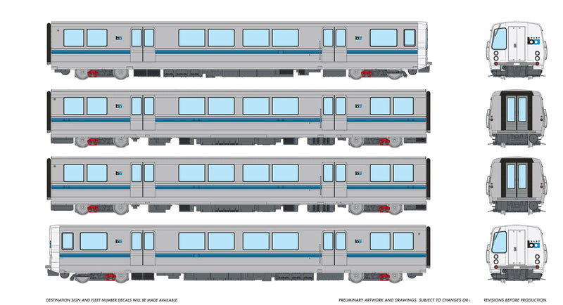 PREORDER Rapido HO 204006 BART C-B-B-C Car Transit Set, Bay Area Rapid Transit (4-Pack)