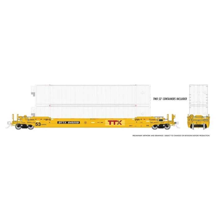 PREORDER Rapido 401063 HO Gunderson 53' Husky Stack Well Car 3-Pack with 6 Containers - Ready to Run -- TTX (patched red logo, yellow, black)