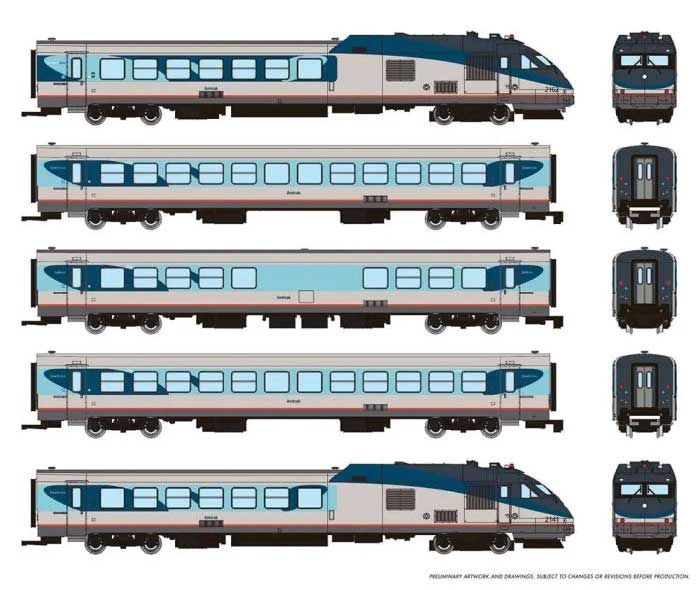 Rapido 525505 N Rohr RTL Turboliner 5-Unit Set - ESU LokSound and DCC -- Amtrak (Phase V, silver, blue, gray, red)