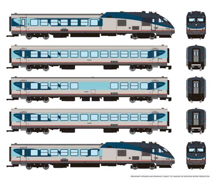 Rapido 525005 N Rohr RTL Turboliner 5-Unit Set - Standard DC -- Amtrak (Phase V, silver, blue, gray, red)
