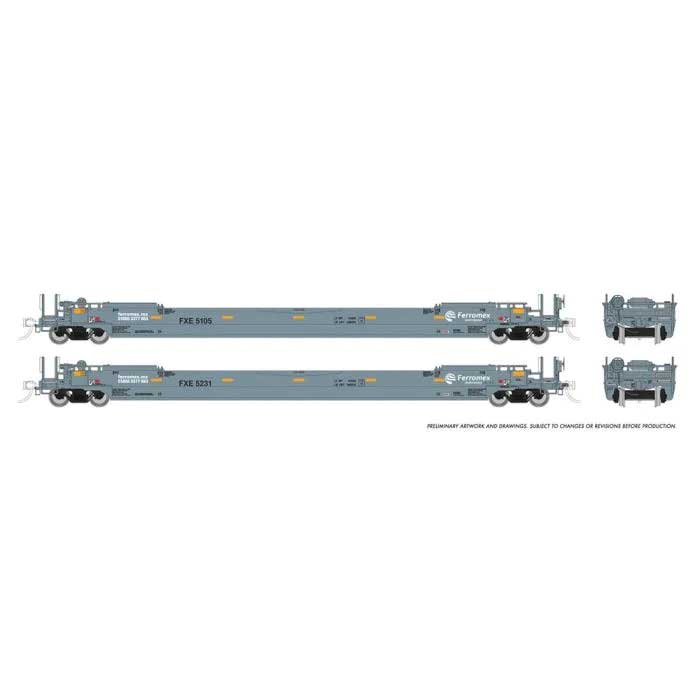 Rapido 401060A HO Gunderson 53' Husky Stack Well Car 2-Pack - Ready to Run -- Ferromex (gray, yellow conspicuity marks)