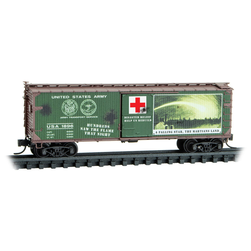 Micro-Trains 039 00 270 40' Double-Sheathed Wood Box Car, Single Door, w/ Vertical Brake Wheel, War of the Worlds #1 #1896, N Scale