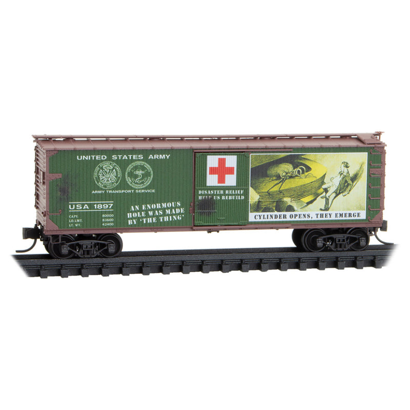 Micro-Trains 039 00 271 40' Double-Sheathed Wood Box Car, Single Door, w/ Vertical Brake Wheel, War of the Worlds #2 #1897, N Scale