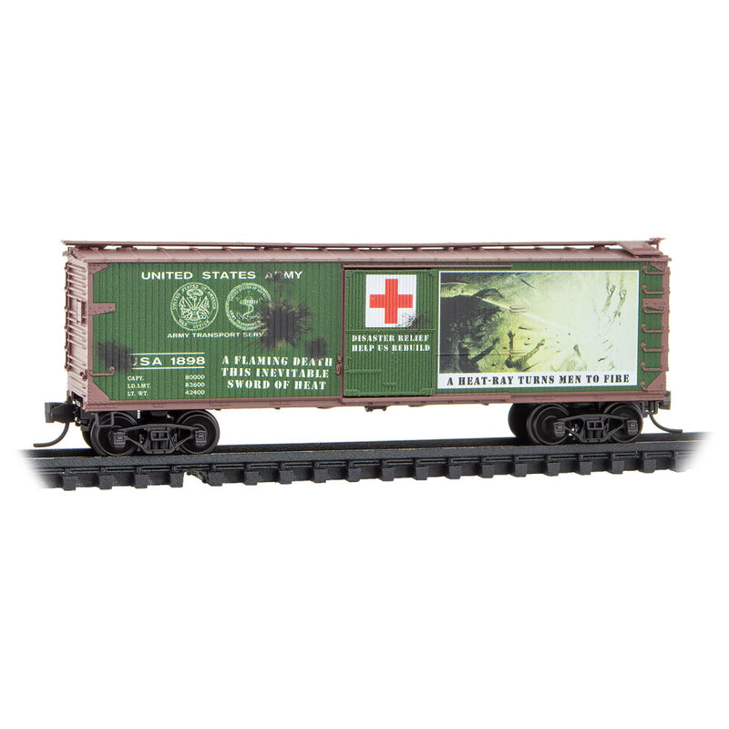 Micro-Trains 039 00 272 40' Double-Sheathed Wood Box Car, Single Door, w/ Vertical Brake Wheel, War of the Worlds #4 #1898, N Scale