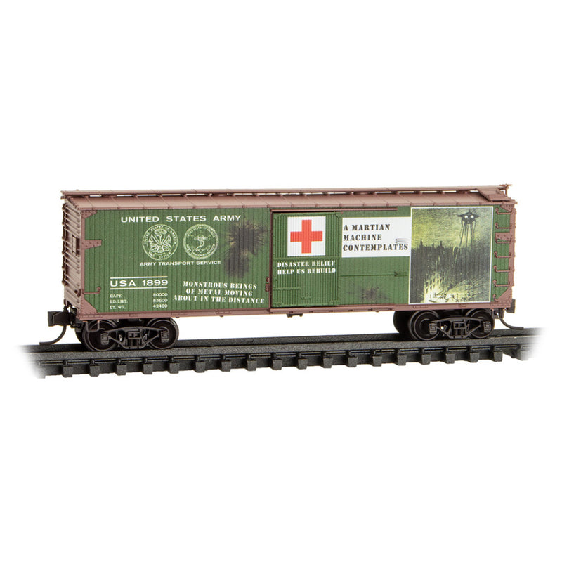 Micro-Trains 039 00 273 40' Double-Sheathed Wood Box Car, Single Door, w/ Vertical Brake Wheel, War of the Worlds #5 #1899, N Scale