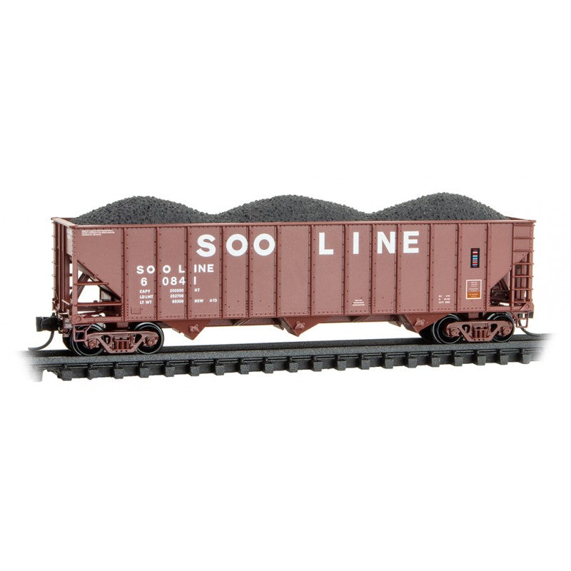 Micro Trains Line #108 00 560 100-Ton 3-Bay Ribside Open Hopper w/Coal Load - Ready to Run -- Soo Line #60841 (Boxcar Red, white), N Scale