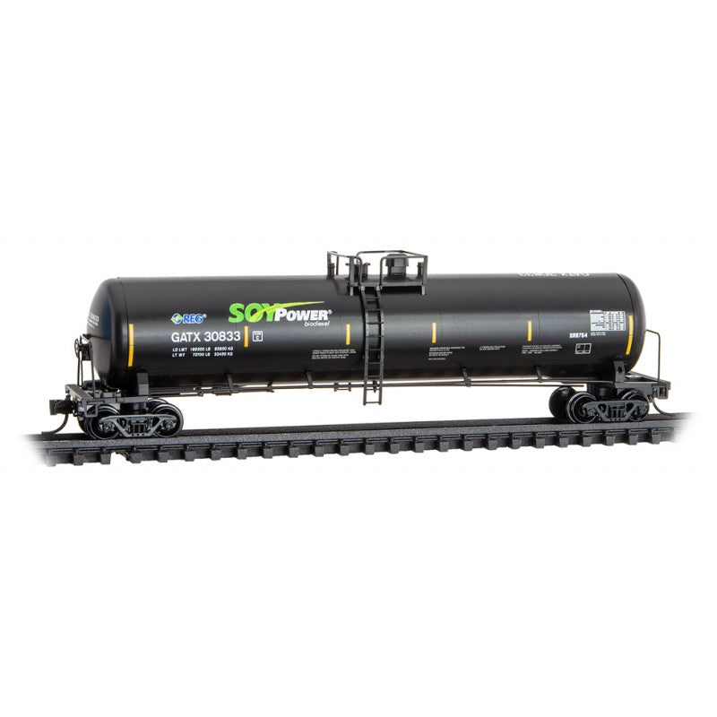 Micro Trains Line #110 00 590 56' General-Service Tank Car - Ready to Run -- General American Transportation Soy Power GATX #30833 (black, green, white), N Scale