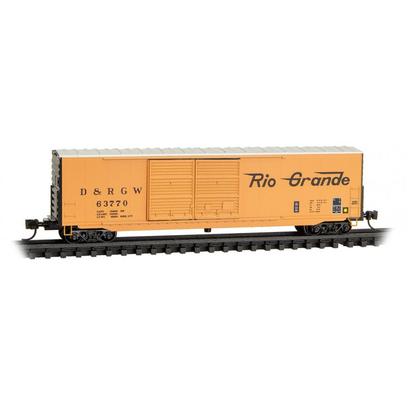 Micro Trains Line #182 00 111 50' Double-Door Boxcar w/8' Doors, No Roofwalk, Short Ladders - Ready to Run -- Denver & Rio Grande Western #63770 (Aspen Gold, black, silver, Flying Grande logo), N Scale