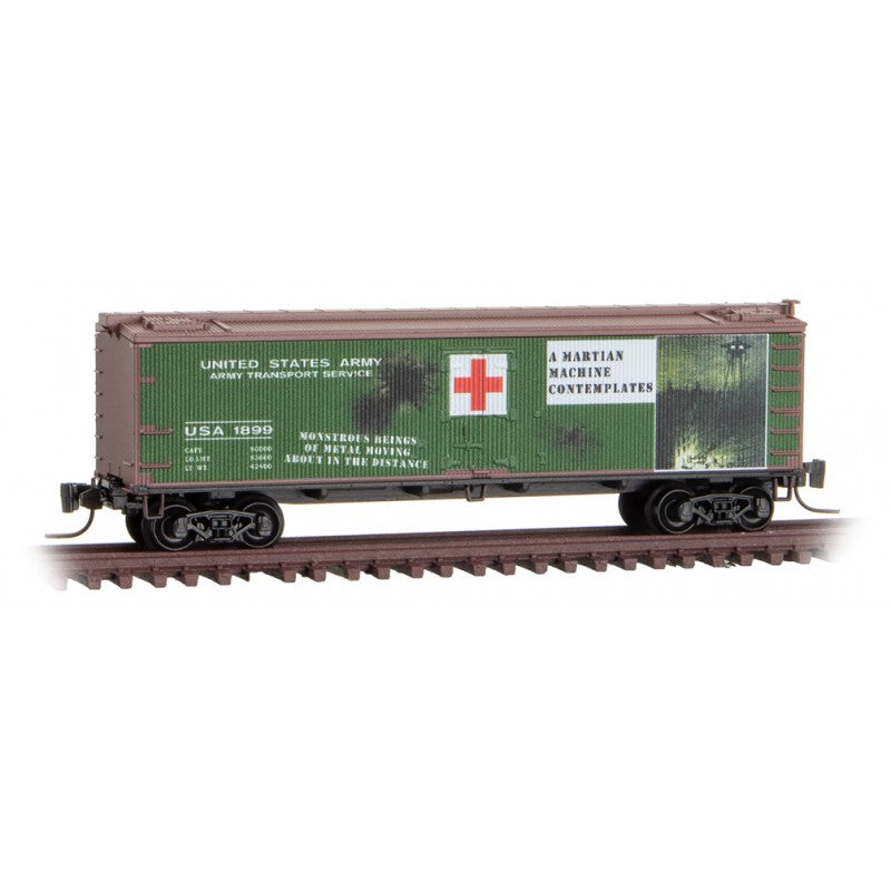 Micro Trains Line #518 00 843 40' Wood-Sheathed Ice Reefer - Ready to Run -- War of the Worlds USA #1899 (green, Boxcar Red, Series #5), Z Scale