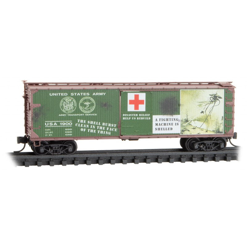 Micro Trains Line #039 00 274 40' Double-Sheathed Wood Boxcar w/Vertical Brake Wheel - Ready to Run -- War of the Worlds USA #1900 (green, Boxcar Red, Series #6), N Scale