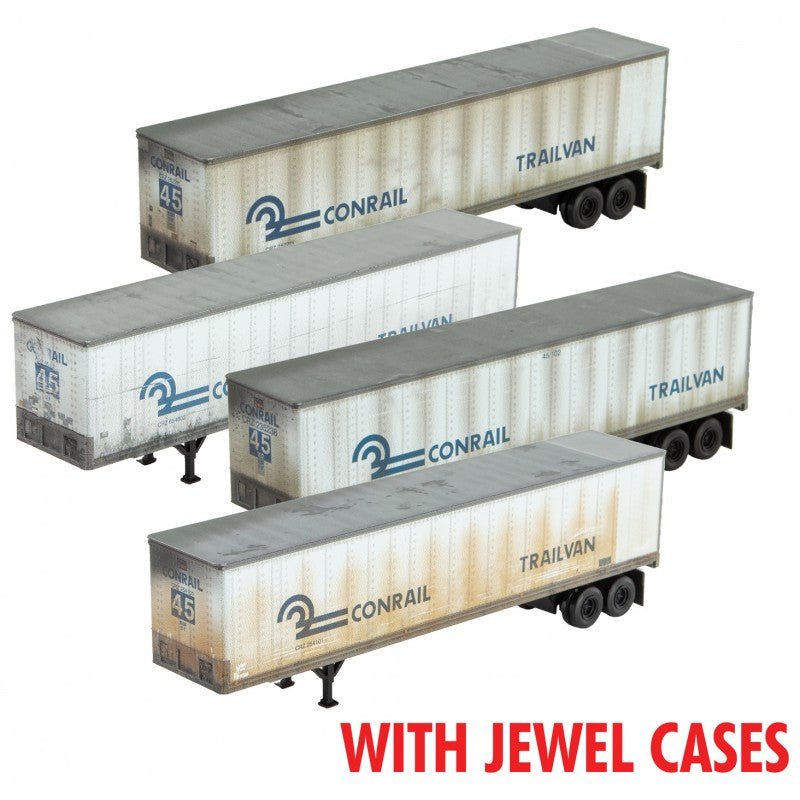 Micro Trains Line #983 02 223 45' Van Trailer 4-Pack Jewel Case - Assembled -- Conrail #252216, 654602, 235238, 254100 (Weathered, white, blue), N Scale