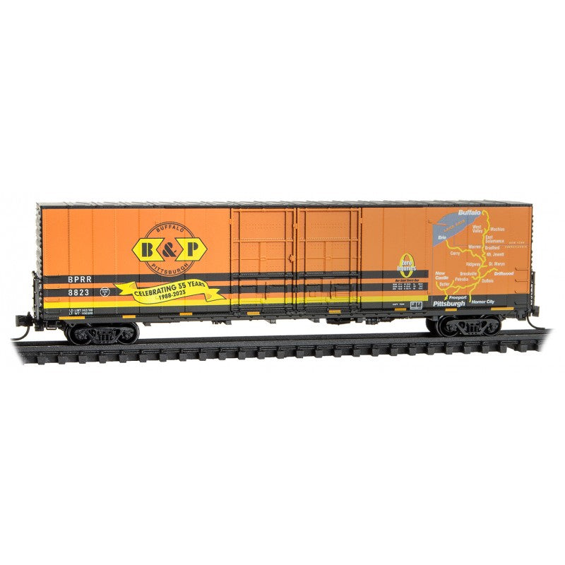 Micro Trains Line #102 00 230 60' Excess-Height Double-Door Boxcar - Ready to Run -- Buffalo and Pittsburgh Railroad #8823 (35th Anniversary Scheme, orange), N Scale