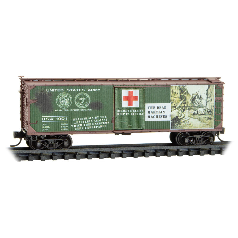 Micro-Trains 039 00 275 40' Double-Sheathed Wood Box Car, Single Door, w/ Vertical Brake Wheel, War of the Worlds #8 #1901, N Scale