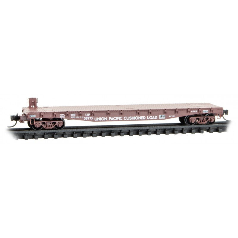 Micro Trains Line #045 00 721 50' Fishbelly-Side Flatcar with Side-Mount Brake Wheel - Ready to Run -- Union Pacific #58773 (Boxcar Red, white, Cushioned Load Markings), N Scale