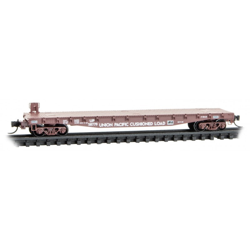 Micro Trains Line #045 00 722 50' Fishbelly-Side Flatcar with Side-Mount Brake Wheel - Ready to Run -- Union Pacific #58779 (Boxcar Red, white, Cushioned Load Markings), N Scale