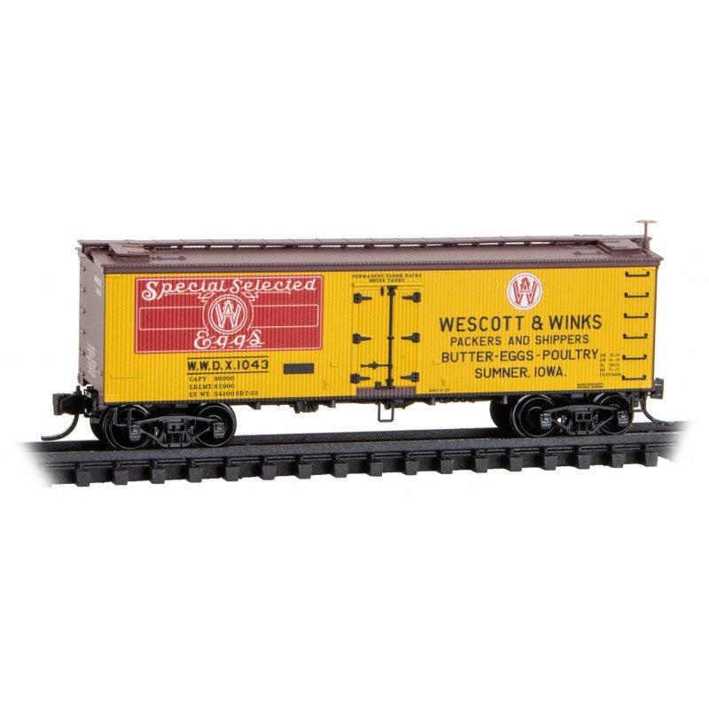 Micro Trains Line #058 00 600 36' Wood-Sheathed Ice Reefer - Ready to Run -- Wescott & Winks #1043 (yellow, Boxcar Red, red, Egg Poultry Series #1), N Scale