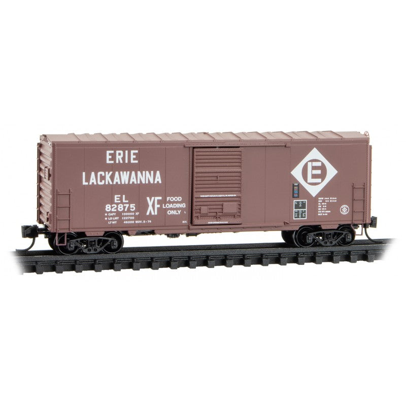 Micro Trains Line #073 00 610 40' Single-Door Boxcar No Roofwalk - Ready to Run -- Erie Lackawanna #82875 (Boxcar Red, white, XF Food Loading), N Scale