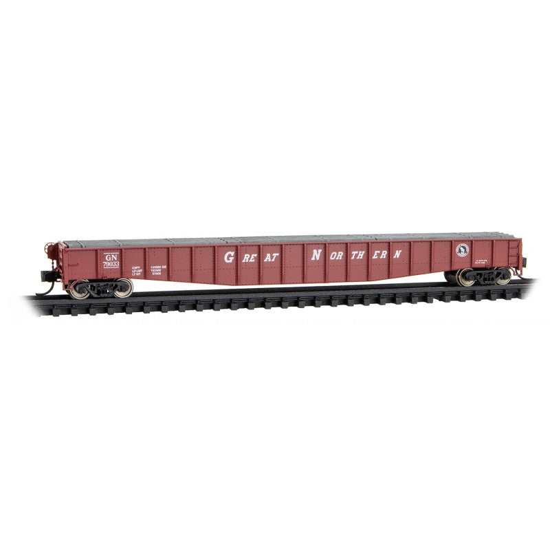 Micro Trains Line #107 00 051  65' Mill Gondola with Drop Ends & Pipe Load - Ready to Run -- Great Northern #79033 (red, white, Slanter Lettering, Small Logo), N Scale