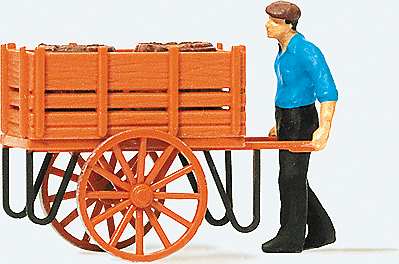 Preiser HO 28131 Worker Pushing Handcart with Load of Barrels