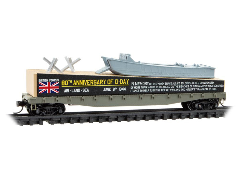 Micro-Trains 045 00 781 50' Flat Car, Fishbelly Side, w/ Side Mount Brake Wheel, 80th anniversary D-Day, N Scale