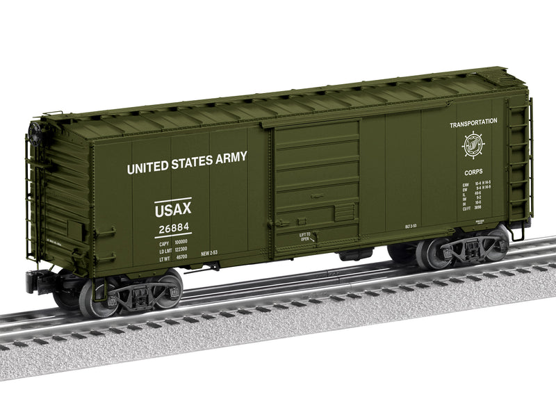 PREORDER Lionel 2426100 O PS-1 Steel Boxcar w/Rail Sounds and PatriotSounds - 3-Rail - Ready to Run - U.S. Army USAX